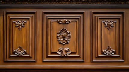 Brown Wooden Wall Paneling with Decorative Details, Elegant Classic and Vintage Architecture Style, Rich Brown Hue, Ornate Carved Wood Panels for Interior Design
