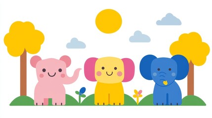 Naklejka premium Charming pixelated elephants adventure under a bright sun adorable cartoon wildlife with sunny day playful animal pixel art creation of cute character