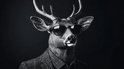 Deer wearing a suit and sunglasses, blending wildlife imagery with a modern hipster fashion twist — sketch-style engraving, fictional character, raster illustration in scratchboard imitation, black an © Akash Tholiya