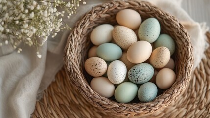 Natural Colorful Easter Eggs in a Woven Basket on Rustic Surface