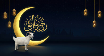 Goat under crescent moon with Arabic Eid calligraphy