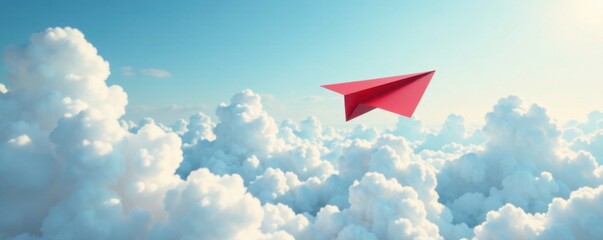 White clouds part way for a red paper plane flying towards them, forward movement, blue and white colors