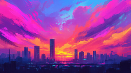 Fototapeta premium Vibrant sunset skyline with colorful clouds and city silhouette.