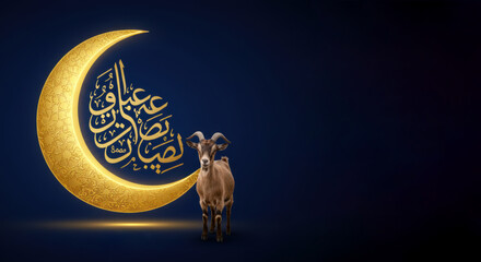 Brown goat with Arabic calligraphy on golden moon