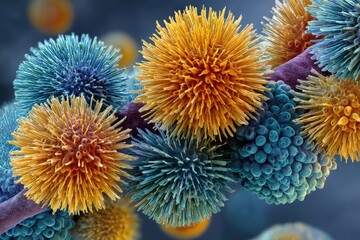 Obraz premium Colorful fungal spores in intricate microscopic detail.