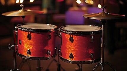Obraz premium Close-up of two orange drums and cymbals on stage.