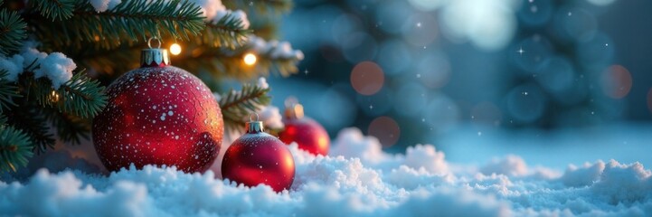 Winter wonderland scene with Christmas ornaments, snowflake, evergreen branches