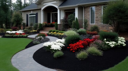 Obraz premium Landscaped home entrance with colorful flowerbeds and pathway