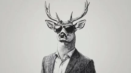  Deer wearing a suit and sunglasses, blending wildlife imagery with a modern hipster fashion twist — sketch-style engraving, fictional character, raster illustration in scratchboard imitation, black an © Akash Tholiya