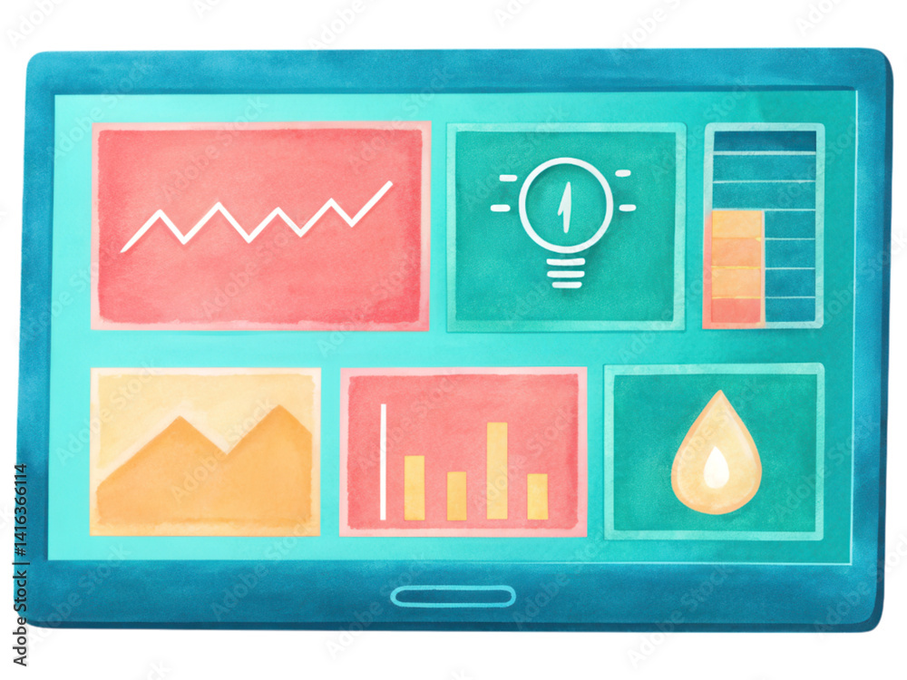 Poster colorful dashboard displaying energy consumption data and analytics isolated on transparency backgro