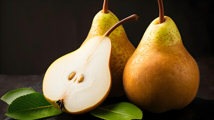 A pear is cut in half and has a leaf on top