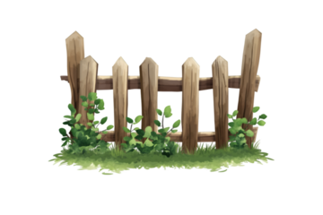 Wooden fence with green plants and grass idyllic scene,