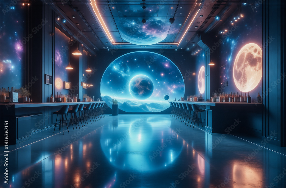 Poster a futuristic bar with a cosmic theme. neon lights illuminate a sleek interior featuring a large wind