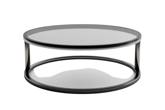 Sleek modern glass coffee table stunning design element for contemporary living rooms reflecting light beautifully with a dark metal on transparent background