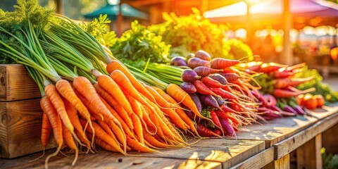 Fototapeta premium A vibrant display of freshly harvested carrots and radishes, bathed in the golden sunlight of a farmers market, showcasing the natural beauty and abundance of homegrown produce.