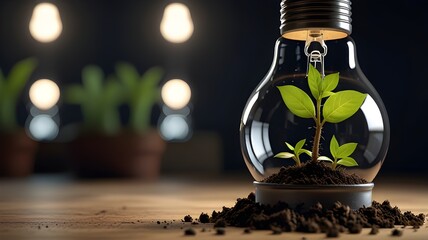 Plant growing inside a lightbulb, renewable energy concept