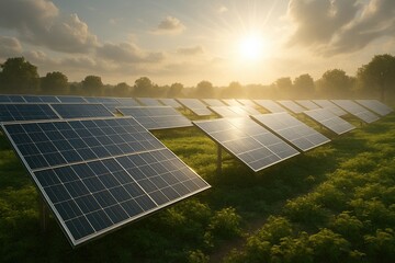 Solar Energy Panels in Morning Sunlight