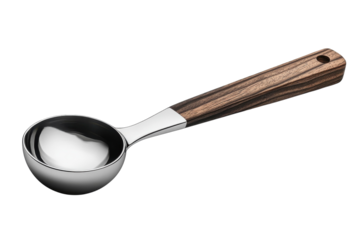 Elegant stainless steel coffee scoop with a rich dark wood handle perfect for precise coffee measuring showcasing sleek design against a on transparent background