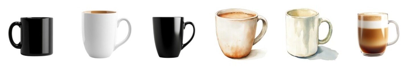 Six Coffee Mugs Digital Painting, Isolated on Transparent Background, Coffee Drink, Mug Design, Coffee, Beverage, Illustration