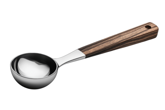 Elegant stainless steel coffee scoop with a rich dark wood handle perfect for precise coffee measuring showcasing sleek design against a on transparent background