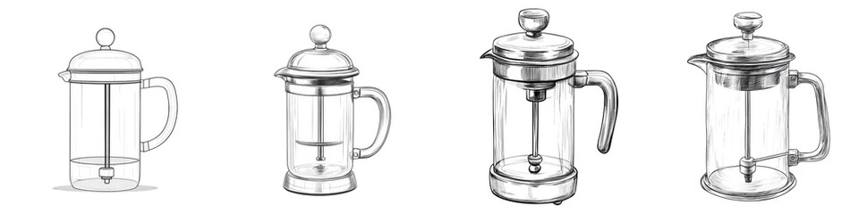 Obraz premium Four Sketch Coffee Frothers, Isolated on Transparent Background, Hand-Drawn, Beverage Maker, Coffee Frother, Sketch, Transparent Background