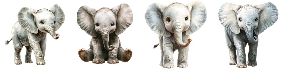 Four Cute Baby Elephants Digital Painting, Isolated on Transparent Background, Clipart, Illustration, Elephant, Baby Animals, Wildlife