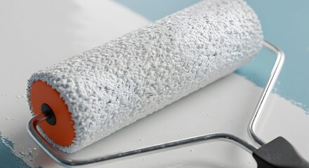 Obraz premium Paint roller applying white paint on a blue surface for home improvement or a DIY project.