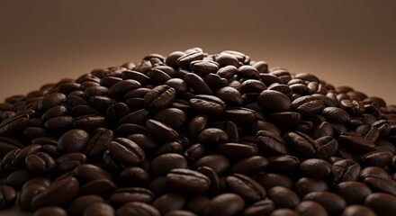 Roasted Coffee Beans: Aromatic pile of dark, shiny coffee beans, rich and inviting, ready to brew.