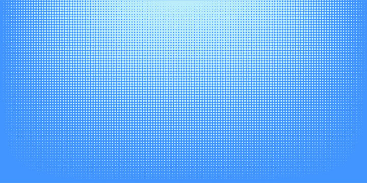 Blue halftone pattern. Retro comic gradient background. Bright pixelated dotted texture overlay. Cartoon pop art faded gradient pattern. Vector backdrop for poster, banner, advertisement