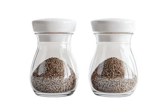 Elegant glass spice jars with white ceramic lids filled with a blend of light and dark brown seeds showcasing a modern kitchen aesthetic on transparent background