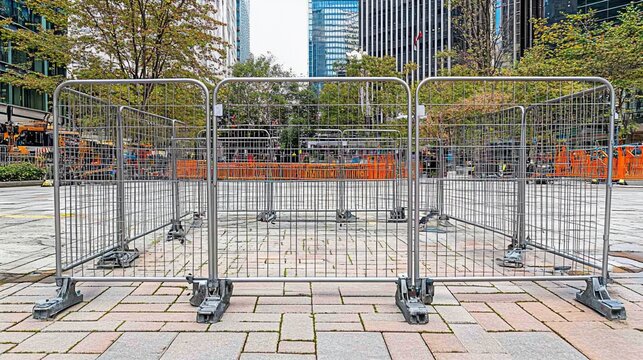 Metal barrier fencing installed in an urban environment, a perimeter for safety