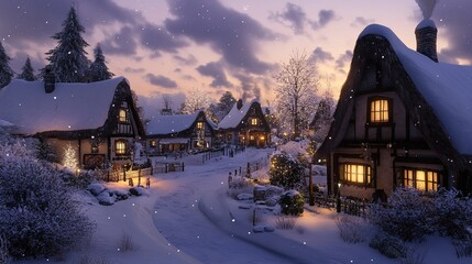 Fototapeta premium Enchanting Snowy Village with Delightful Thatched-Roof Houses and Warmly Lit Windows, Evoking Coziness and Charm Amidst Glistening Snow