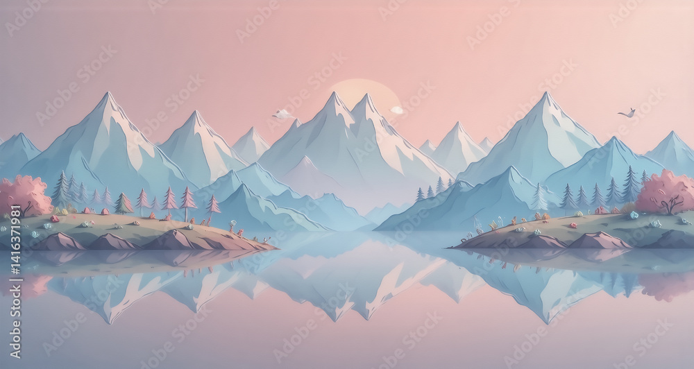 Aufkleber a tranquil mountain scene at dawn. peaks rise above calm water, mirroring the pastel sky. hints of n