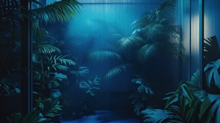 Obraz premium Blue-lit indoor jungle; plants, modern backdrop