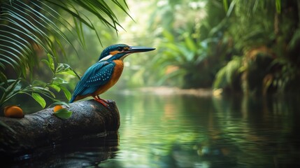Vibrant kingfisher perched on mossy log amidst lush rainforest backdrop tranquility