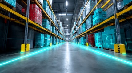 Modern Warehouse Interior with Shelves and Illuminated Aisle