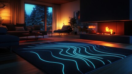 Naklejka premium Illuminated rug, cozy living room, snowy view, fireplace