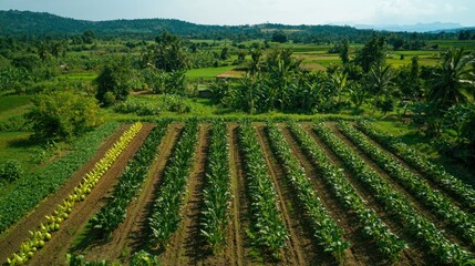 A rural farm with rows of diverse crops, including vegetables, grains, and fruits, growing under the clear sky.