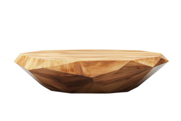 Exquisite handcrafted wooden tray a unique geometric design with faceted edges showcasing rich natural wood grain against a stark black on transparent background