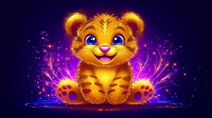 Cute Cartoon Tiger Cub with Sparkles Glowing Character Design with Striped Fur and Big Blue Eyes and Pink Nose on a Dark Background