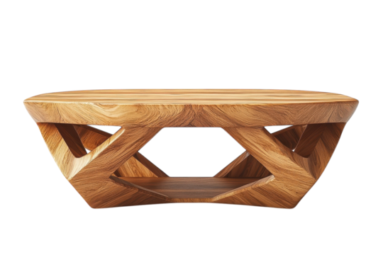A stunning handcrafted wooden coffee table showcasing intricate geometric design and rich warm tones against a black background Expertly on transparent background