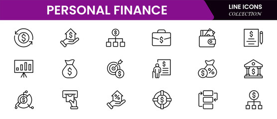 Personal Finance line web icons Money and Coins. Cash, Credit Cards, Money Bag, Containing banking, Investment, income, accounting, money, loan.