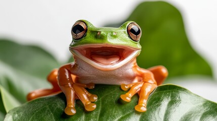 Obraz premium tree frog with big, joyful smile, perched on branch with bright green skin, isolated on simple white background.