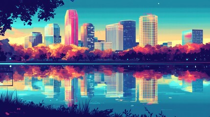 Fototapeta premium Cityscape autumn lake reflection sunrise