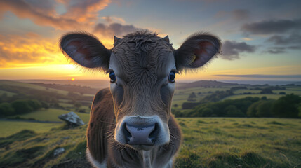 A cow is standing in a field with a beautiful sunset in the background