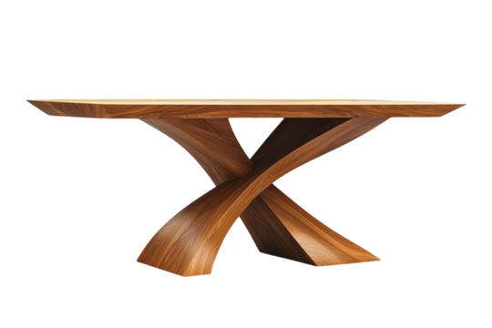 Exquisite Walnut Wood Dining Table Modern X Base Design Rich Grain Sleek Lines Studio Photography on Black on transparent background