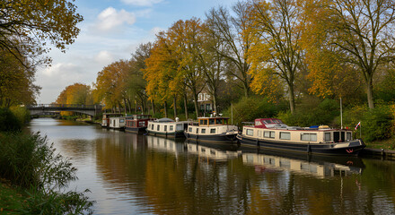 Autumn Canal Landscape with Moored Boats and Golden Trees Under a Cloudy Sky in Toulouse France