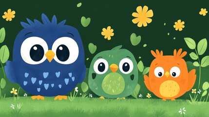 Obraz premium Delightful avian trio in a lush pixelated landscape featuring whimsical blue green and orange owls amidst nature's tender embrace backdrop