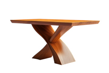 Elegant handcrafted wooden table with unique X shaped base showcasing rich wood grain and natural curves against a black on transparent background