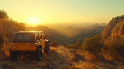 Sunset Adventure OffRoad Vehicle on Mountain Trail with Breathtaking Scenic View of Rolling H